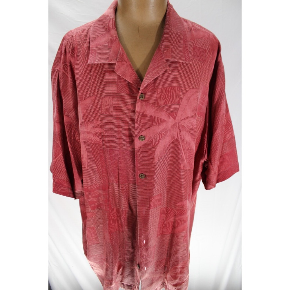 Tommy Bahama Shirt Button Up‎ 100% Silk Short Sleeve Red Size XL Palm Tree